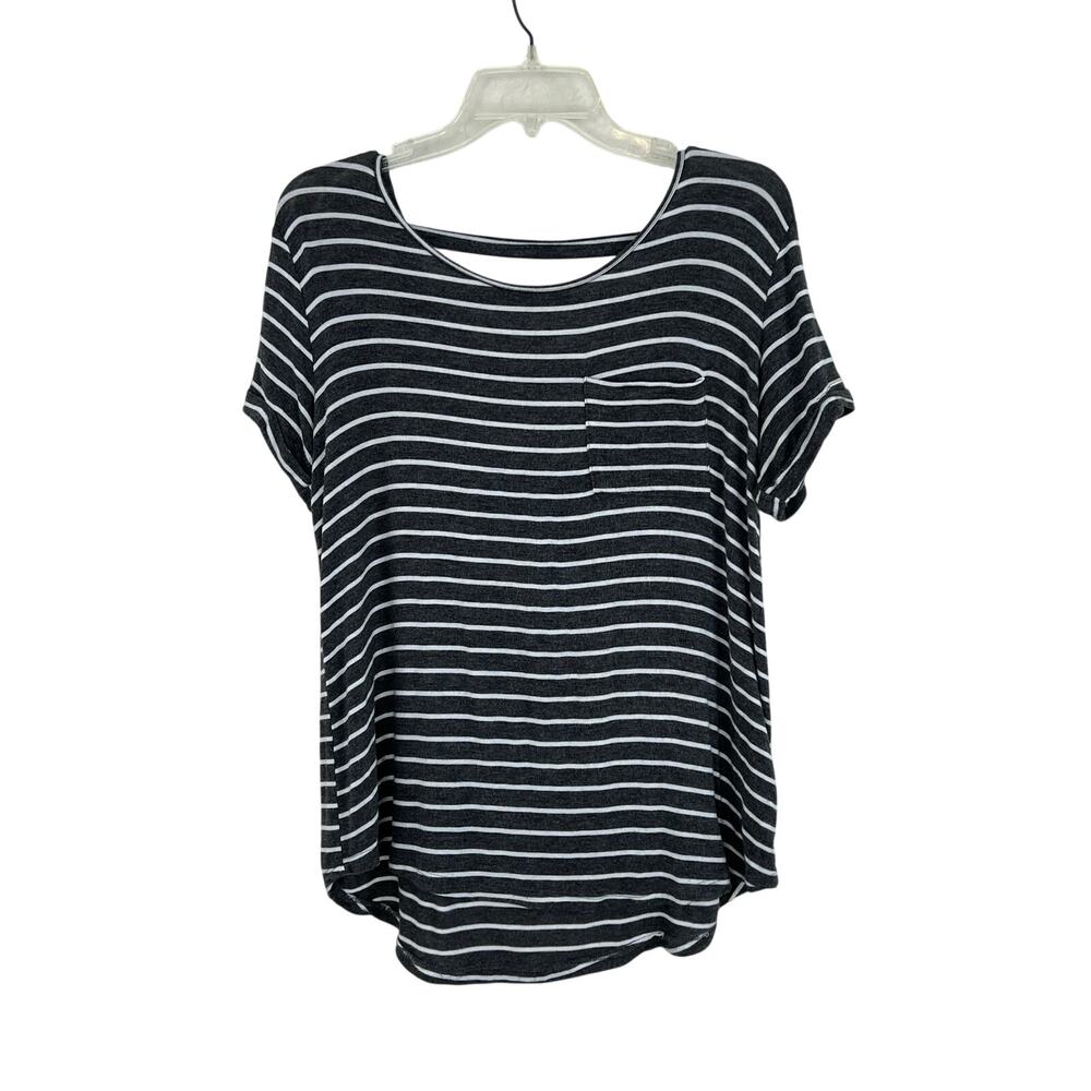 Love Charm Striped Knit Top XL Gray White Strappy Cage Back Short Sleeve Rolled